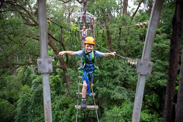 Boy on suspension bridge 