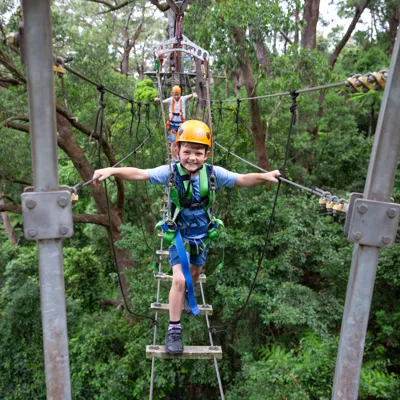 Boy on suspension bridge